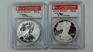 2012 S Reverse Proof And Proof Silver Eagle Mercanti Signed Pf 69 photo