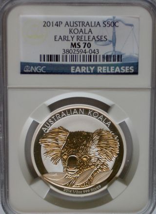 Ngc Registry 2014 P Australia Koala 50c Coin Ms70 Silver 1/2 Oz Early Releases photo
