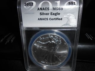 2012 Silver Eagle Anacs Cert.  Ms 69.  W/red Cherry Wood Box photo