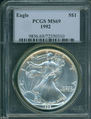 1992 American Silver Eagle Ase S$1 Pcgs Ms69 Ms - 69 Pq+ photo