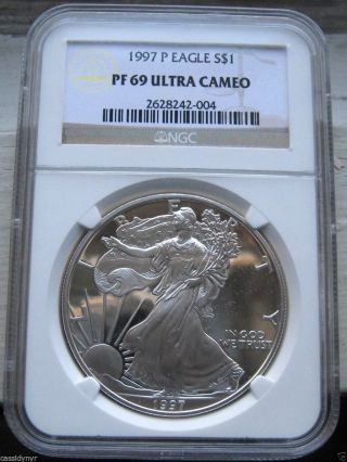 1997 American Silver Eagle Proof - Ngc Pf69 Ultra Cameo (box &) photo