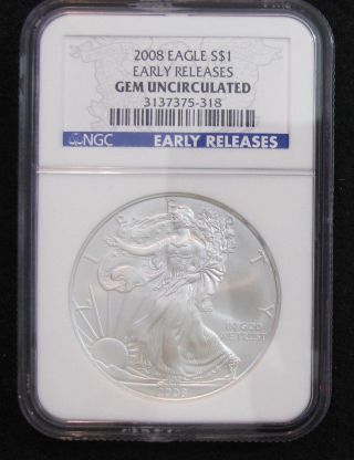 2008 Ngc Gem Uncirculated American Silver Eagle - Early Release photo