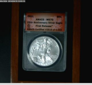 2011 $1 U.  S.  Silver American Eagle Coin Anacs Ms - 70 Wood Case,  Still photo