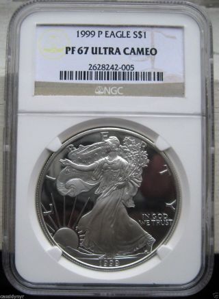 1999 American Silver Eagle Proof (p) - Ngc Pf67 Ultra Cameo (box &) photo