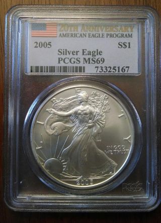2005 Silver American Eagle 20th Anniversary Pcgs Ms 69 1oz $1 photo