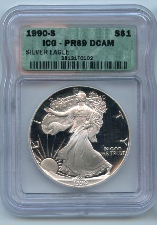 1990 - S Icg Pr 69 Dcam American Eagle Silver Dollar Proof Coin - 1 Oz - Kn835 photo