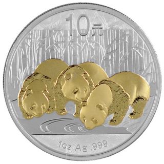 2013 1 Ounce Gold Gilded Chinese Panda Silver Coin 24k Gold Rare.  999 Pure Rare photo