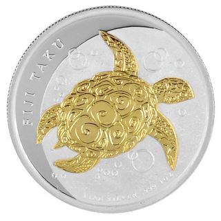 2012 1 Oz Ounce Silver Coin Fiji Taku Turtle 24k Gold Gilded Zealand.  999 photo