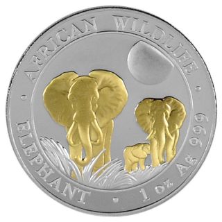 2014 1 Oz Silver Coin 24k Gold Gild Somalia Elephant Proof Like.  999 Pure Rare photo