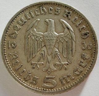 1936 Germany Third Reich Silver 5 Reichsmark Coin Paul Von Hindenburg photo