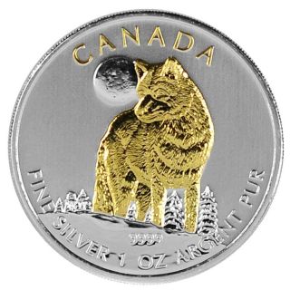 2011 1 Oz Ounce Silver Canadian Wolf Gold Gilded Silver Coin 24k.  999 Rare Rcm photo