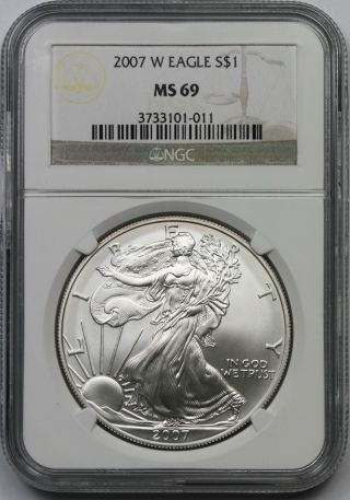 2007 - W Burnished Silver Eagle Dollar $1 Ms 69 Ngc 1 Oz Silver photo