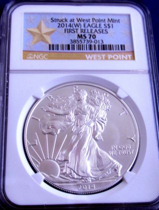 2014 (w) Ms 70 Ngc First Release Gold Star American Silver Eagle Perfect photo