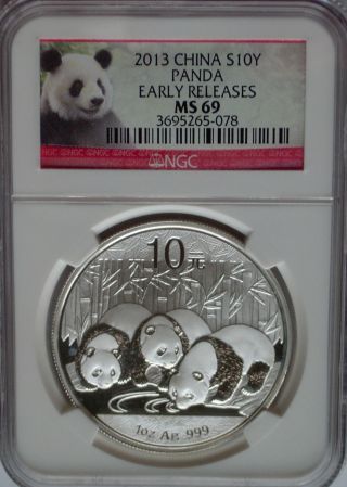 Ngc 2013 China Panda 10¥ Yuan Coin Ms69 Early Releases Silver 1oz 999 Prc photo