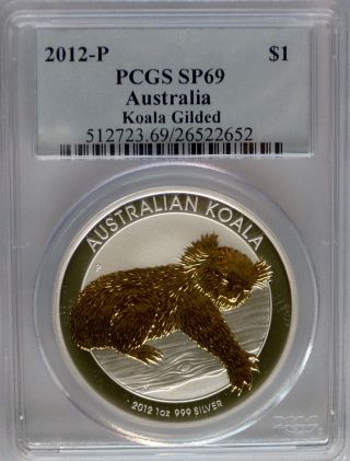 Pcgs 2012 P Australia 24 Carat Gilt Koala Dollar $1 Sp69 Silver 1 Oz Coin&coa Ag photo