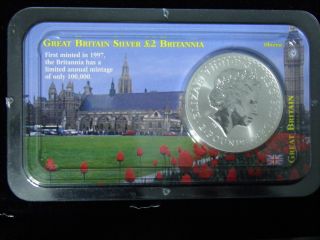 2000 Great Britain 2 - Pounds Britannia Bu 1 - Oz Silver + photo