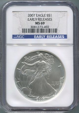 2007 American Silver Eagle $1 - Ngc Ms 69 - Gem Unc - Early Release - Nr photo
