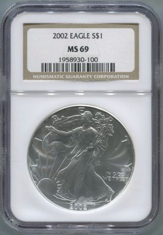 2002 American Silver Eagle $1 - Ngc Ms 69 - Luster - Gem Unc - photo
