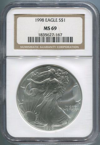 1998 American Silver Eagle $1 - Ngc Ms 69 - Gem Unc - - photo