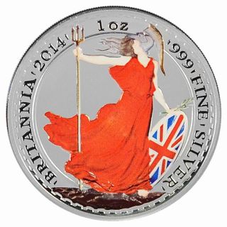 1 Oz Ounce 2014 Silver Britannia Coin Colorized Edition.  999 Fine Silver Rare photo