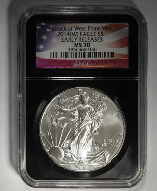 2014 (w) West Point American Silver Eagle Certified Ngc 70 Black Retro (b) photo