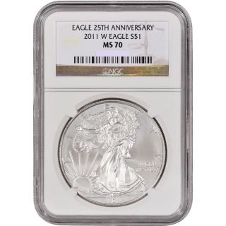 2011 W American Silver Eagle $1 Dollar Coin,  25th Anniversary.  Ngc Graded Ms 70. photo