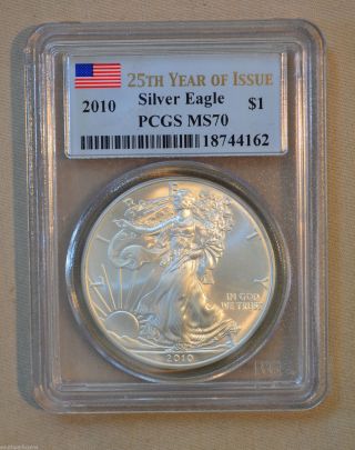 2010 Silver Eagle - Pcgs Slabbed Ms70 - 25th Year Of Issue - 1oz.  999 Fine Silver photo
