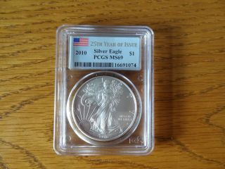 2010 Silver Eagle Pcgs Ms - 69 Flag Rare 25th Year Issue Label photo