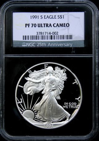 1991 - S Silver Eagle Dollar Ngc Pf70 Pr70 Ucam Ultra Cameo 25th Anniv.  Label photo