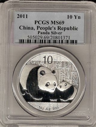 2011 China Panda S10y 1 Oz.  999 Silver Ms 69 Pcgs Cert photo