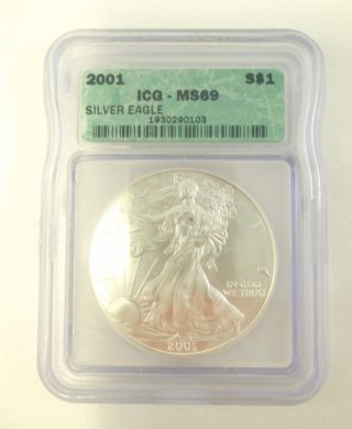 2001 American Silver Eagle 1 Troy Oz Fine Silver In Case Icg - Ms69 photo