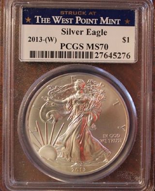 2013 - W American Silver Eagle $1 Pcgs Ms70 Blue Label photo
