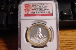2014 Pr - 69 Gilt Palau $5.  00 Horse - High Relief Year Of The Horse Coin photo