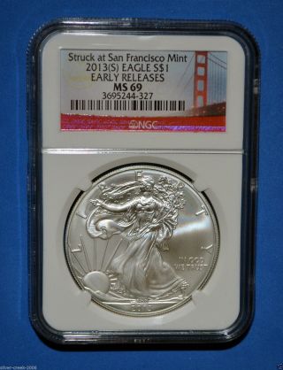 2013 S1oz American Eagle Ngc Ms 69 Early Releases Golden Gate Label photo