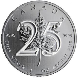 2013 Canadian 1 Ounce (1 Oz) 25th Anniversary Maple Leaf Coin -.  999 Pure Silver photo