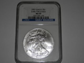 2007 Silver American Eagle (ngc Ms - 69) Early Release Blue Label photo