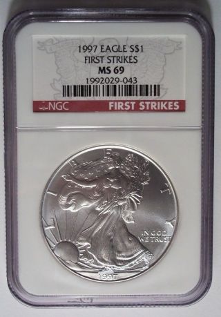 1997 Silver American Eagle Dollar $1 Ngc Ms69 First Strikes Red Label Rare photo