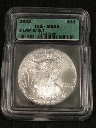 2002 American Silver Eagle Bullion Coin Key Date Icg Ms69 0184 photo