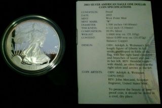 2003 - W 1 Oz Proof American Eagle Silver Bullion Dollar Coin (w/box &) photo