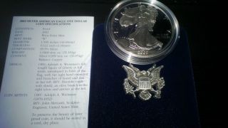 2002 - W 1 Oz Proof American Eagle Silver Bullion Dollar Coin (w/box &) photo