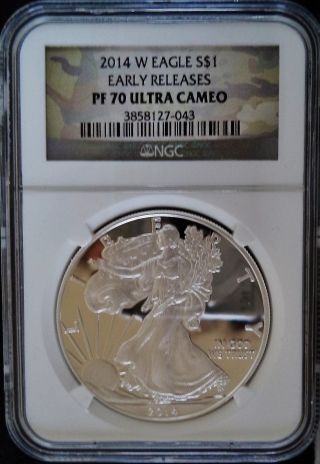 2014 (w) 1 Oz Silver Eagle - Early Releases - Ngc Pf 70 Ultra Cameo W Camo Label photo