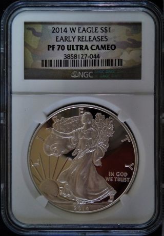 2014 (w) 1 Oz Silver Eagle - Early Releases - Ngc Pf 70 Ultra Cameo W Camo Label photo