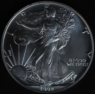 1992 Silver American Eagle $1 One Dollar.  999 1 Troy Oz. photo