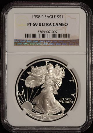 1998 P American Eagle Silver Dollar Ngc Pf69 Ultra Cameo photo