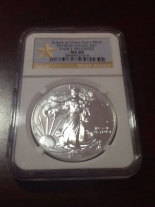 2014 (w) Ngc Ms - 69 American Silver Eagle Early Releases Struck At West Point photo