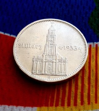 298,  000 Minted 1934 E Ww2 5 Mark 90% Silver German Garrisonkirche 3rd Reich Coin photo