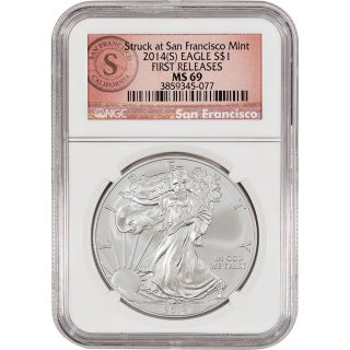 2014 - (s) American Silver Eagle - Ngc Ms69 - First Releases - Sf Logo Label photo