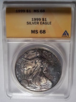 1999 Silver American Eagle Dollar Anacs Ms68 Rare Toning Toned photo