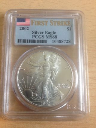 2002 Silver Amerian Eagle Dollar Pcgs Ms68 First Strike. photo