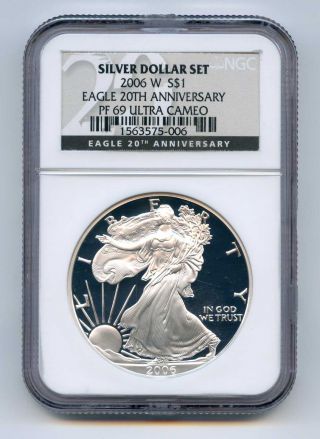 2006 W Ngc Pf69 Silver Eagle Dollar Ultra Cameo 20th Anniversary photo